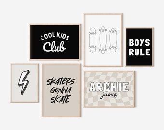 Personalized Name Boys Rule Skateboard Gallery Wall Set of 6 Downloadable Prints, Skater Boy Nursery Decor, Quote Play Wall Art, Printable