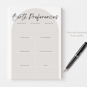 May include: Printable checklist for birth preferences with sections for birthing person, partner, midwife/doctor, during labor, pain management, during delivery, in case of C-section, after delivery, and notes. Print and handwrite if you prefer.