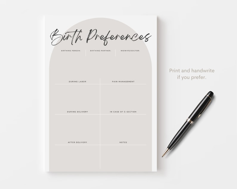 May include: Printable checklist for birth preferences with sections for birthing person, partner, midwife/doctor, during labor, pain management, during delivery, in case of C-section, after delivery, and notes. Print and handwrite if you prefer.