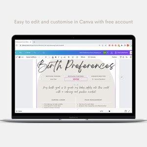 May include: A screenshot of a Canva design template for a birth preferences checklist. The template is light gray with a pink circle in the center that says "Birth Preferences". The template includes sections for "Birthing Person", "Birthing Partner", "Midwife/Doctor", "During Labor", and "Pain Management".