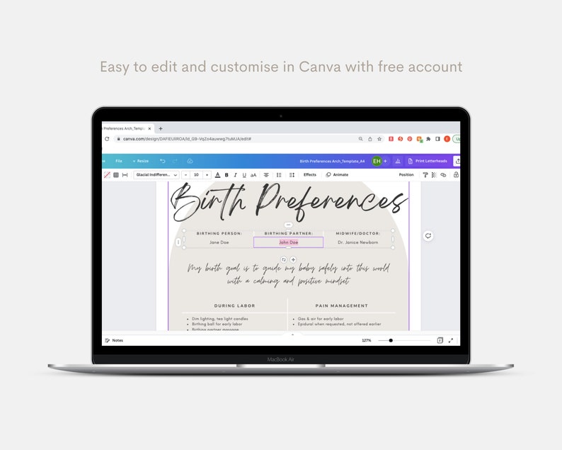May include: A screenshot of a Canva design template for a birth preferences checklist. The template is light gray with a pink circle in the center that says "Birth Preferences". The template includes sections for "Birthing Person", "Birthing Partner", "Midwife/Doctor", "During Labor", and "Pain Management".