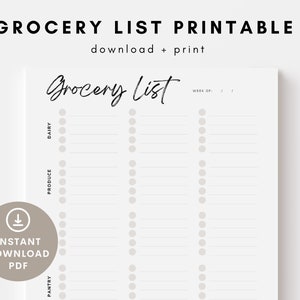 Grocery List Printable, Minimalistischer Einkaufsplaner, A4 und US Letter PDF, Sofort Download