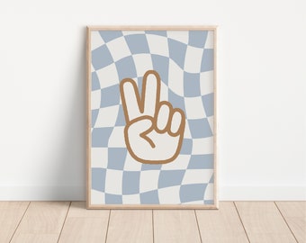 Checkerboard Peace Sign Digital Print, Neutral Blue Wall Art, Neutral Nursery Art, Cute Baby Room Art, Downloadable Print, Kids Room Decor