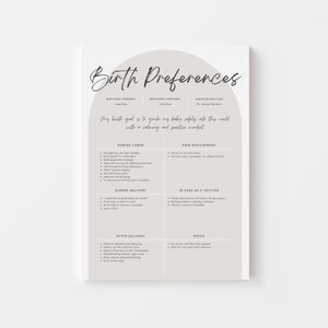 May include: A printable birth preferences checklist with sections for birthing person, birthing partner, midwife/doctor, during labor, pain management, during delivery, after delivery, in case of c-section, and notes. The checklist includes a statement: "My birth goal is to guide my baby safely into this world with a calming and positive mindset."