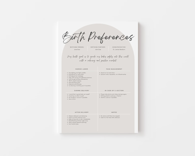May include: A printable birth preferences checklist with sections for birthing person, birthing partner, midwife/doctor, during labor, pain management, during delivery, after delivery, in case of c-section, and notes. The checklist includes a statement: "My birth goal is to guide my baby safely into this world with a calming and positive mindset."