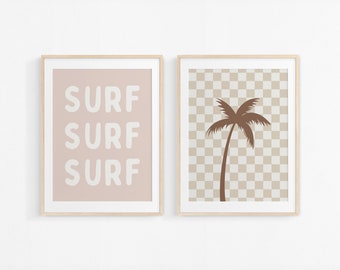 Sage Surf Palm Tree Downloadable Print Set of 2, Surf Nursery Decor, Beach Kids Room, Surfer Room, Beachy Kids Wall Art, Boho Wall Art