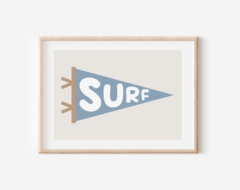 Surf Flag Blue Downloadable Print, Surf Nursery Decor, Beach Kids Room, Surfer Room, Beachy Kids Wall Art, Boho Wall Art, Retro Wall Art