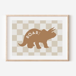 Rust Check Dinosaur Triceratops Downloadable Print, Modern Nursery Decor, Minimalist Neutral Play Room, Kids Wall Art, Printable