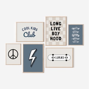 Personalized Long Live Boyhood Lightning Gallery Wall Set of 6 Downloadable Prints, Blue Boy Nursery Decor, Quote Play Wall Art, Printable