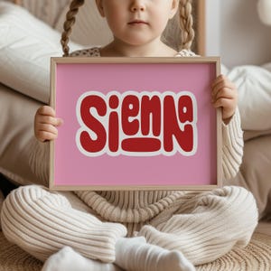Impressão digital de nome colorido de bolha personalizada, placa de nome de berçário, arte de parede de letras retrô, impressão de nome de berçário para crianças, decoração de berçário
