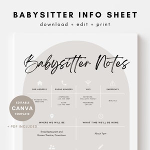 Editable Babysitter Information Sheet Template, Canva Template, Printable Caretaker Notes, Neutral Minimalist Info, Instant Download, PDF