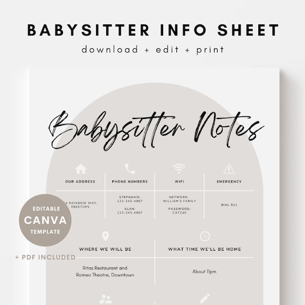 Editable Babysitter Information Sheet Template, Canva Template, Printable Caretaker Notes, Neutral Minimalist Info, Instant Download, PDF