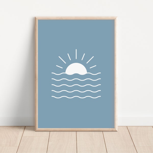 Sunrise Over Waves Downloadable Print, Surf Nursery Decor, Beach Kids Room, Surfer Room, Beachy Kids Wall Art, Boho Wall Art, Retro Wall Art