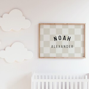 Personalized Name Sign Downloadable Print, Nursery Name Decor, Kids Room, Checkerboard Neutral ...