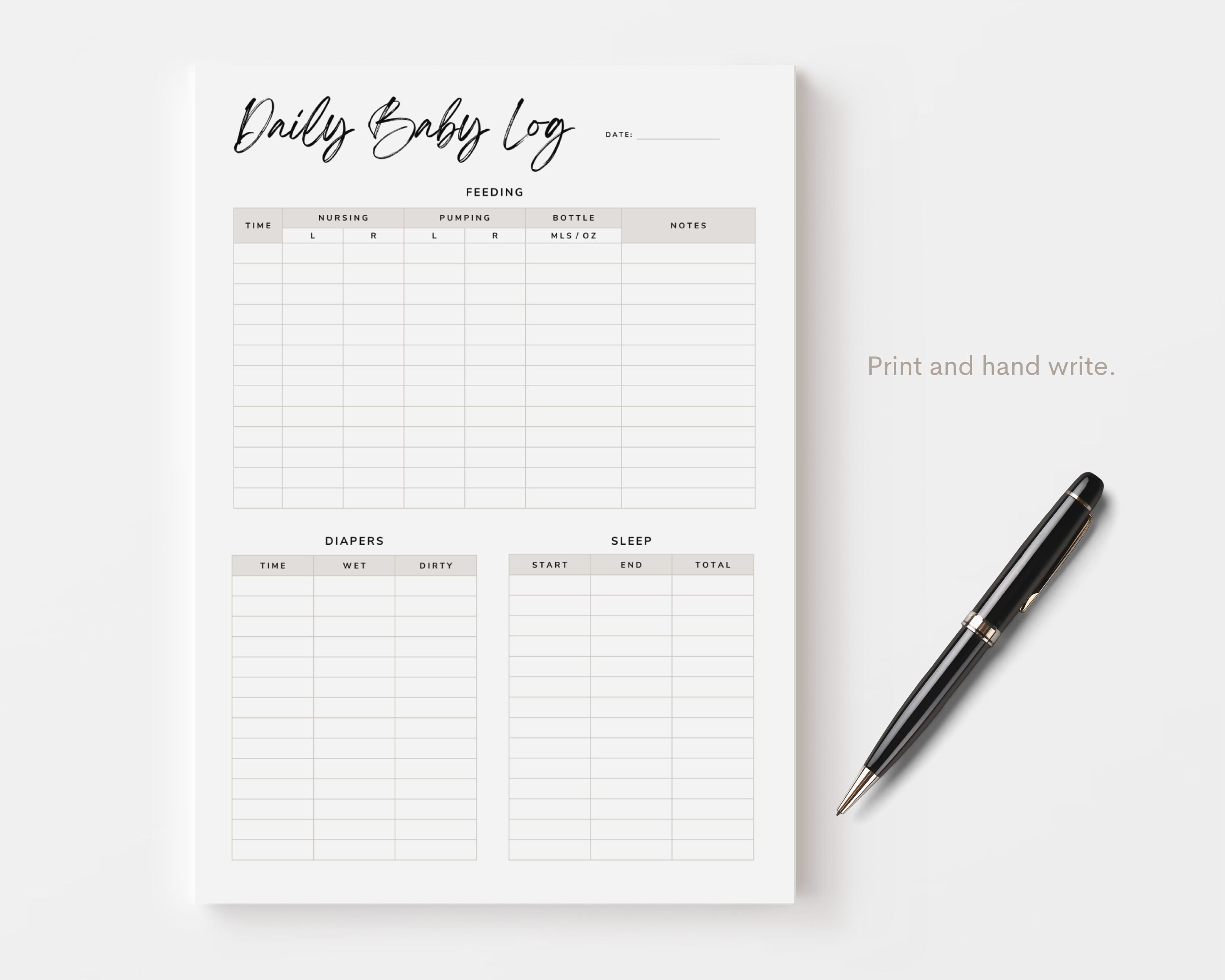 Daily Baby Log Digital Download Printable, Simple PDF Baby Log, Neutral ...
