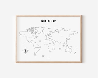 Impresión descargable de mapa del mundo, decoración de guardería para niños, habitación infantil, decoración de pared neutra para sala de juegos, arte de pared infantil con cita, imprimible