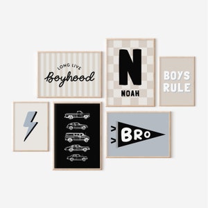 Personalisierte Name Jungen Regel Boyhood Blitz Bolt Galeriewand Set von 6 herunterladbare Drucke, Auto Junge Kinderzimmer Dekor, Wandkunst, printable