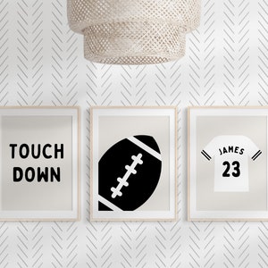 Touch Down Personalized American Football Gallery Wall Set of 3 Downloadable Prints, Monochrome Nursery Decor, Kids Room, Sport Printable