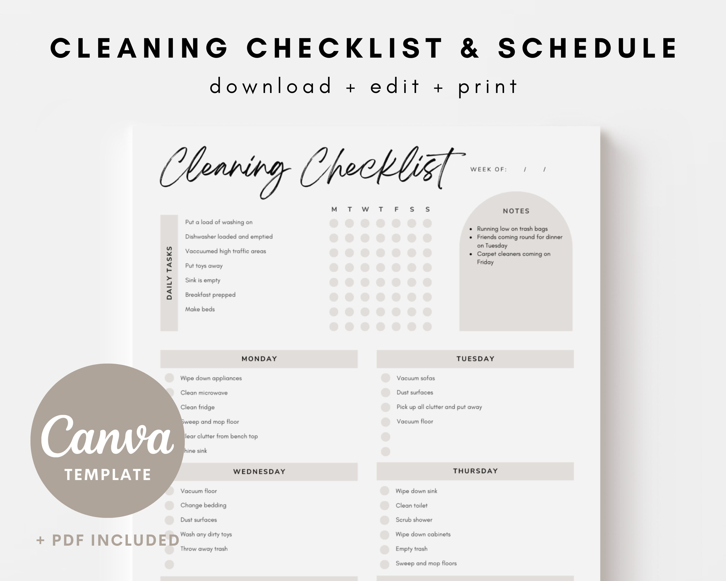 Editable Cleaning Checklist Template Canva Template Weekly Etsy
