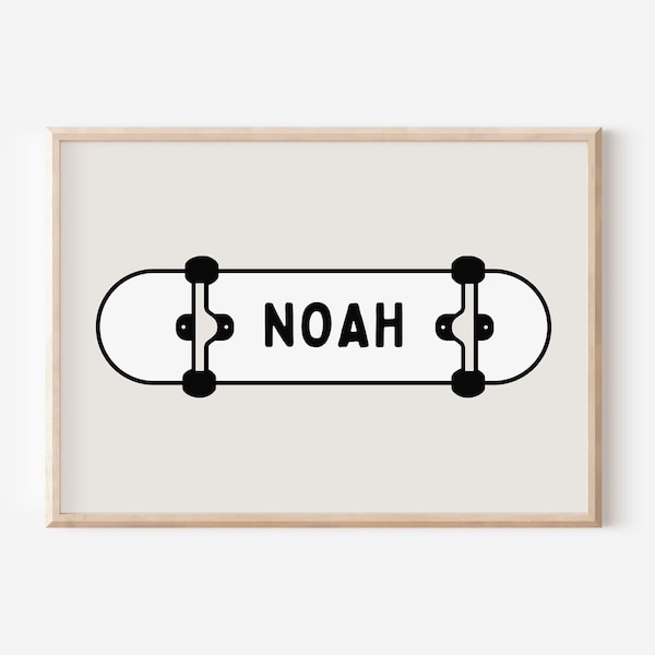 Gepersonaliseerde naam print skateboard downloadbaar, kinderkamer naam decor, kinderkamer, monochrome neutrale muur decor, kinder kunst aan de muur, afdrukbaar