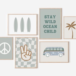 Stay Wild Ocean Child Sage Surfer Gallery Wall Set of 6 Downloadable Prints, Retro Beachy Nursery Decor, Quote Play Wall Art, Printable