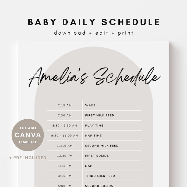 Editable Baby & Toddler Schedule Template, Canva Template, Printable Babysitter Schedule, Neutral Minimalist Routine, Instant Download, PDF