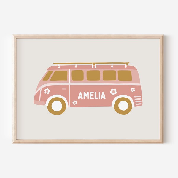 Personalized Name Surfer Van Digital Print, Modern Hippie, Neutral Blush Wall Art, Neutral Nursery Art, Downloadable Print, Kids Room Decor