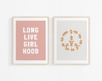 Long Live Girlhood Flower Peace Gallery Wall Set of 2 Downloadable Prints, Girl Nursery Decor, Kids Room, Quote Play Wall Art, Printable