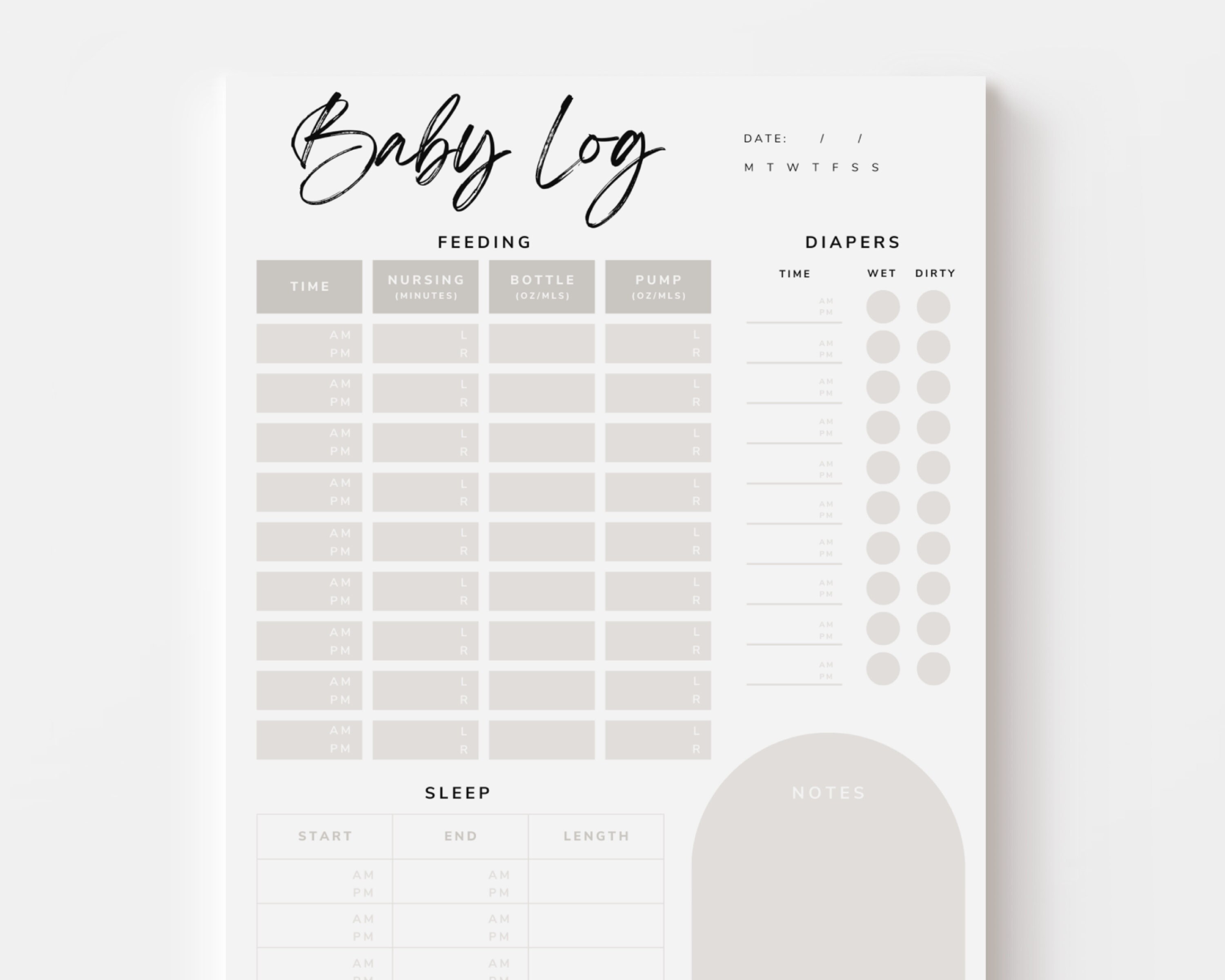 Daily Baby Log Digital Download Printable, Simple PDF Baby Log, Neutral ...