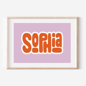 Impresión digital personalizada con nombre colorido de burbuja, letrero con nombre para guardería, arte de pared con letras retro, impresión con nombre para guardería para niños, decoración de guardería
