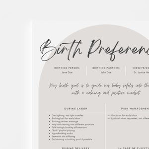 May include: A printable birth preferences checklist with sections for birthing person, partner, midwife/doctor, during labor, pain management, during delivery, and in case of c-section. The checklist includes a statement: "My birth goal is to guide my baby safely into this world with a calming and positive mindset."
