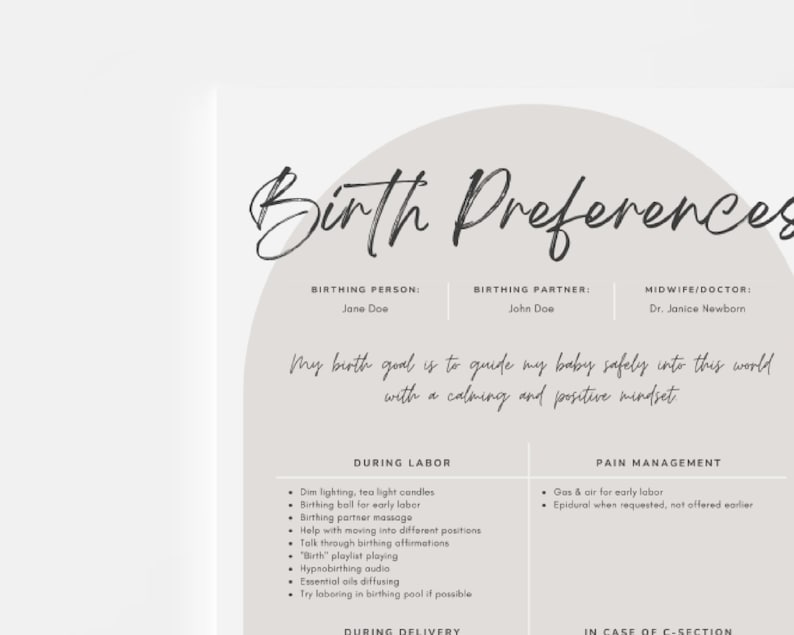 May include: A printable birth preferences checklist with sections for birthing person, partner, midwife/doctor, during labor, pain management, during delivery, and in case of c-section. The checklist includes a statement: "My birth goal is to guide my baby safely into this world with a calming and positive mindset."