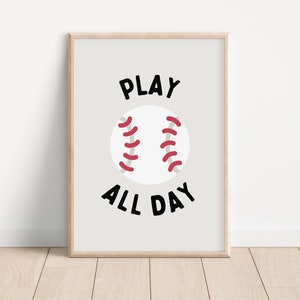 Baseball Play All Day Pobieralne wydruki, Monochromatyczny nowoczesny wystrój pokoju dziecięcego dla chłopców w stylu sportowym, Pokój dziecięcy, Pokój zabaw z cytatem, Sport do wydrukowania