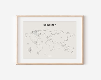 Impresión descargable de mapa del mundo, decoración de guardería para niños, habitación infantil, decoración de pared neutra para sala de juegos, arte de pared infantil con cita, imprimible