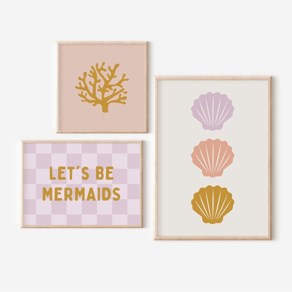 Zestaw 3 wydruków do pobrania z galerii „Let's Be Mermaids”, wystrój pokoju dziecięcego dla dziewczynek, podwodny pokój dziecięcy, sztuka ścienna z cytatami, do druku