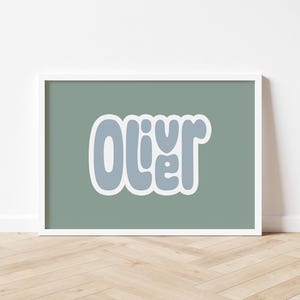 Impresión digital personalizada con nombre colorido de burbuja, letrero con nombre para guardería, arte de pared con letras retro, impresión con nombre para guardería para niños, decoración de guardería