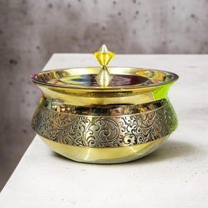 Casted Brass Cooking Pot with tin coat, Engraved design , Heavy base , Dishwasher safe, 3 sizes ,Stock Pot, Stew Pot, Simmering Pot