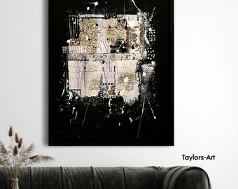 Könnte beinhalten: Abstrakter Kunstdruck mit schwarzem Hintergrund und weißen, braunen und grauen geometrischen Formen. Der Druck ist in Schwarz gerahmt und trägt den Text "Taylors-Art" in der rechten unteren Ecke.
