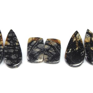 May include: Set of five black, brown, and white patterned stone cabochons. Two are teardrop shaped and three are rectangular.