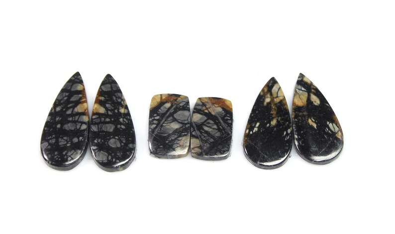 May include: Set of five black, brown, and white patterned stone cabochons. Two are teardrop shaped and three are rectangular.