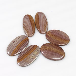 May include: Six oval-shaped, polished, brown and white striped stones. The stones have a smooth, glossy finish.