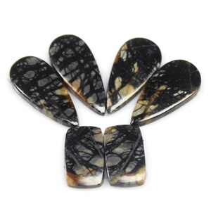 May include: A set of seven black and brown gemstone cabochons, shaped like teardrops and rectangles. The stones have a unique, marbled pattern.