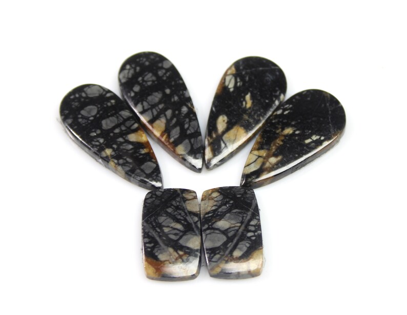 May include: A set of seven black and brown gemstone cabochons, shaped like teardrops and rectangles. The stones have a unique, marbled pattern.