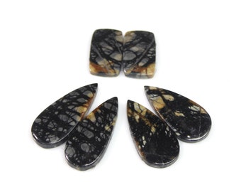 May include: Five natural stone cabochons in a teardrop and rectangular shape. The stones are black with brown and white veins.