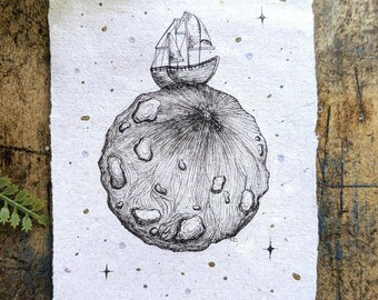 Ship on the moon Pen and Ink illustration original Moon artwork
