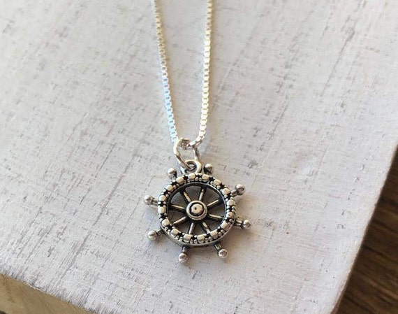 High Polish 18 inches Sterling Silver Captains Wheel Charm Necklace