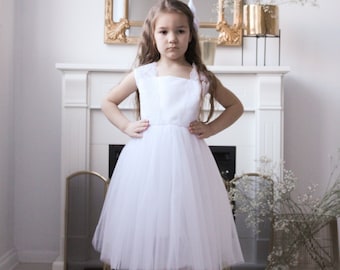 White Lace Flower Girl Dress: Cotton Top, Tulle Skirt