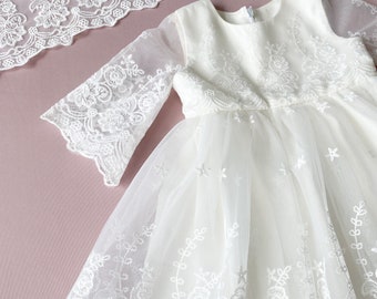 Floral Lace Baptism Dress: Ivory Cotton Christening Gown