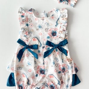 Floral Bird Print Baby Romper with Headband: 100% Cotton