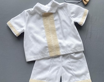Handmade Baby Boy Christening Outfit: Linen Shorts, Cotton Lace Shirt